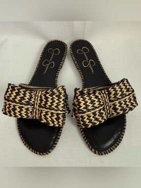 Jessica Simpson 7.5 Slides Avrena Black Beige Woven Bow Slide Flat Sandal Womens